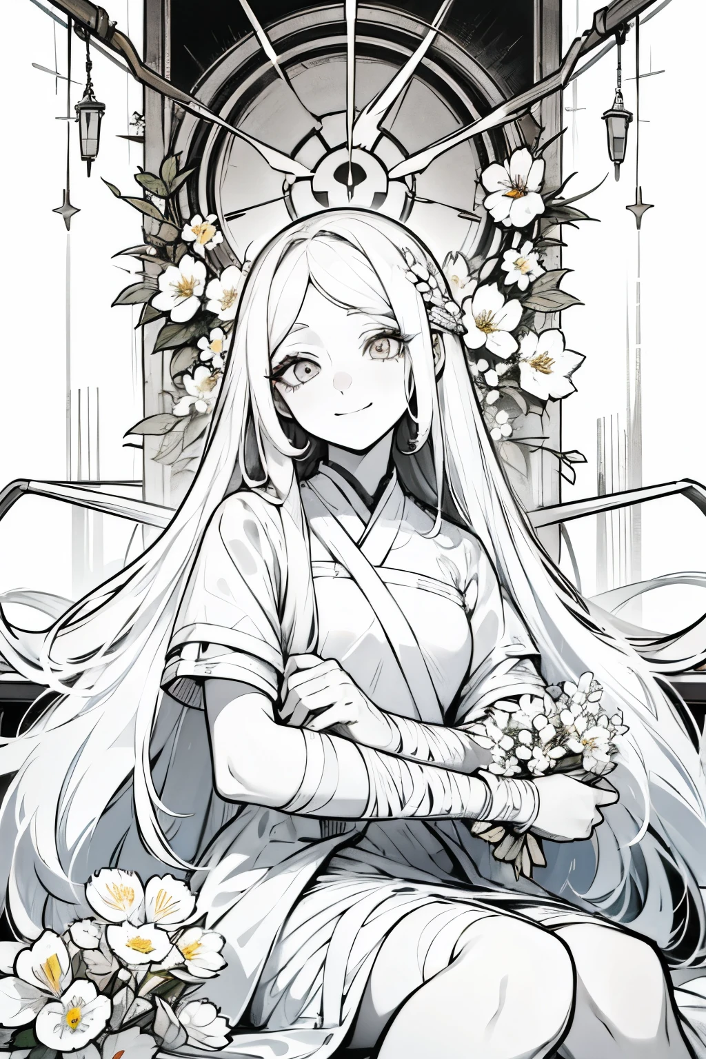 A young girl with very long white hair, white eyes, white eyelashes, thin, smiling faintly, sitting on a hospital bed, with white skin, flowers in her hair, beautiful, with bandages on her arms.