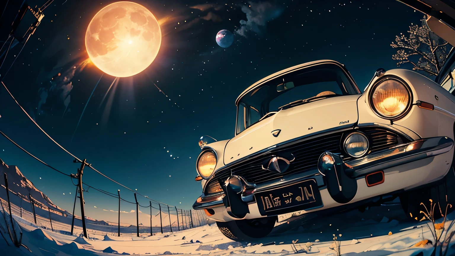 Fisheye, High Resolution, Masterpiece, 8k, Depth of Field, Close Up Detail, (Unattended), Outer Space, Movie Poster Style, (Many Wires), Big Moon, Sun, Retro Car, Snow, Wide Angle Lens, Many Flowers, Large Area, Solar Flare, Blizzard, Rotation, Mandala, Desert