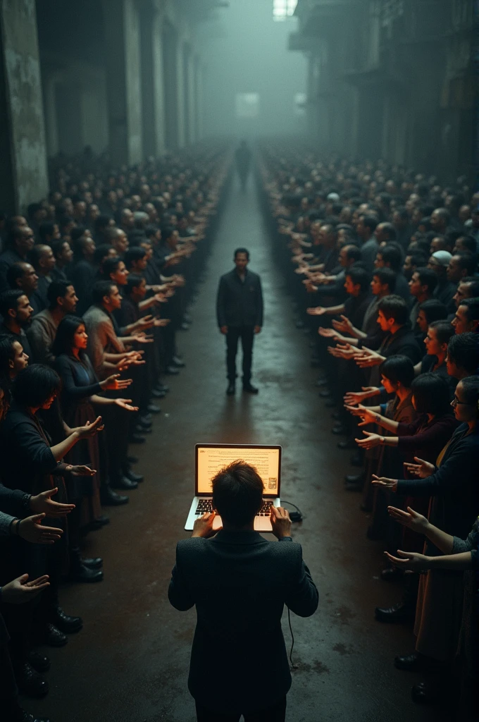 Create a scene where many people are lined up praying for profits/money but only one person is willing to learn at laptop