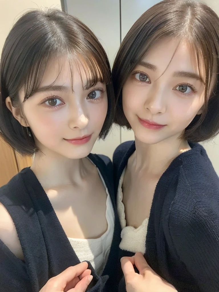 (masterpiece:1.3), (8k, Photoreal, Raw photo, best image quality: 1.4), Japanese high school girl、(random hairstyle:1.2)、cleavage:1.5、super detail face、eye for details、double eyelid、chest to chest、sharp focus:1.2、Beautiful woman:1.4、light brown hair、highest quality、masterpiece、超A high resolution、(Photoreal:1.4)、Highly detailed and professionally lit smiles、loose and light knitwear、shoulder out、thin、serious expression、short haired、deadly position
similar identical twins
All the girls have the exact same face, The two have the same face and figure, as if they were mirror images.