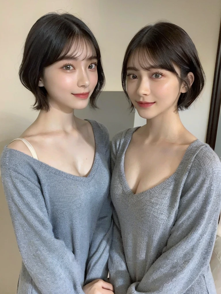 (masterpiece:1.3), (8k, Photoreal, Raw photo, best image quality: 1.4), Japanese high school girl、(random hairstyle:1.2)、cleavage:1.5、super detail face、eye for details、double eyelid、chest to chest、sharp focus:1.2、Beautiful woman:1.4、light brown hair、highest quality、masterpiece、超A high resolution、(Photoreal:1.4)、Highly detailed and professionally lit smiles、loose and light knitwear、shoulder out、thin、serious expression、short haired、deadly position
similar identical twins
All the girls have the exact same face, The two have the same face and figure, as if they were mirror images.
