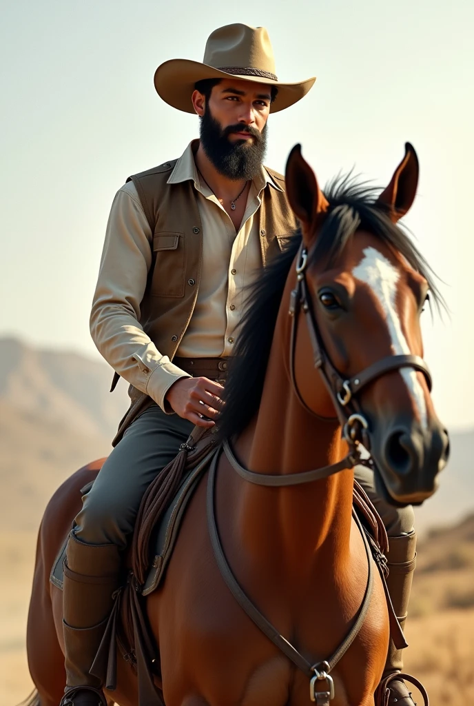 A light-skinned boy with a beard and a hat riding a horse on a transparent background
