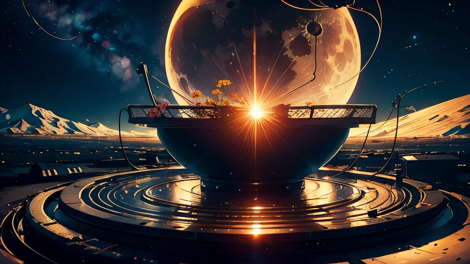 Fisheye, High Resolution, Masterpiece, 8k, Depth of Field, Close Up Detail, (Unattended), Outer Space, Movie Poster Style, (Many Wires), Big Moon, Sun, Retro Car, Snow, Wide Angle Lens, Many Flowers, Large Area, Solar Flare, Blizzard, Rotation, Mandala, Desert