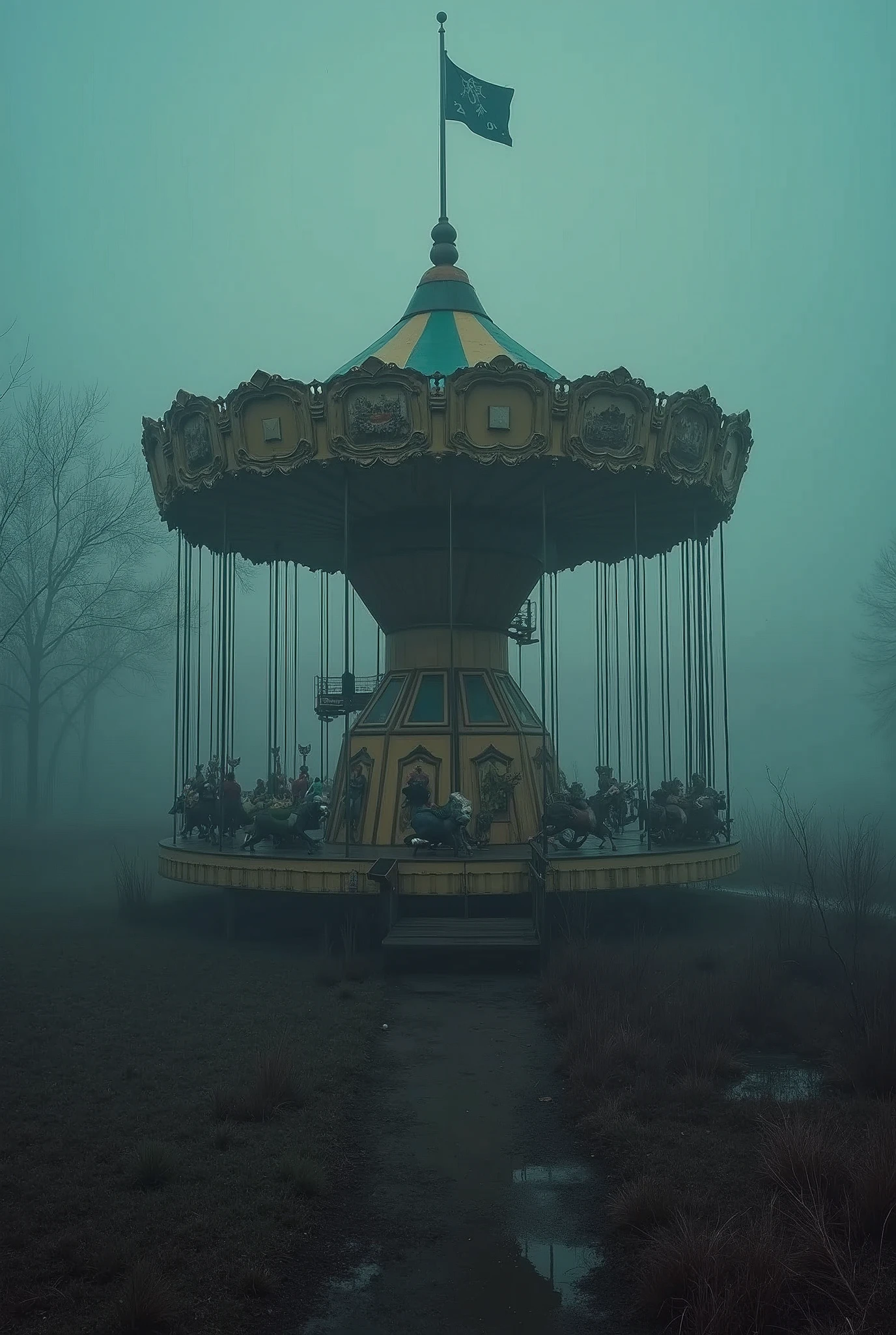 Abandoned amusement park、Russia、Merry-go-round、Real Stick、Late Night、Thick Fog。
