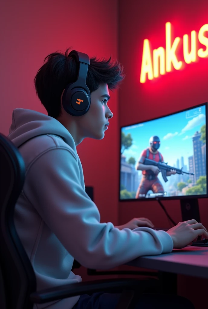 - Create A 3D Realistic image of a Boy of 18 years sitting in gaming room on gaming chair and playing on Free Fire application on his pc. The boy must wear white hoodies ,headphones And his name “Ankush” is Written on the wall with red colour neon light.