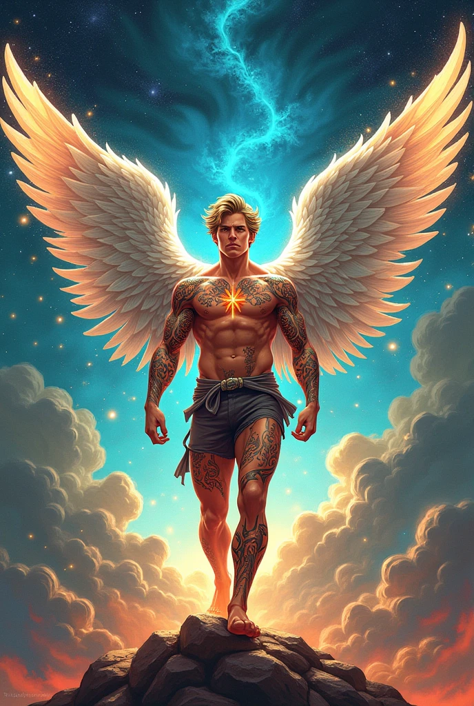 Male angel carrying a message to God in animated tattoo ink