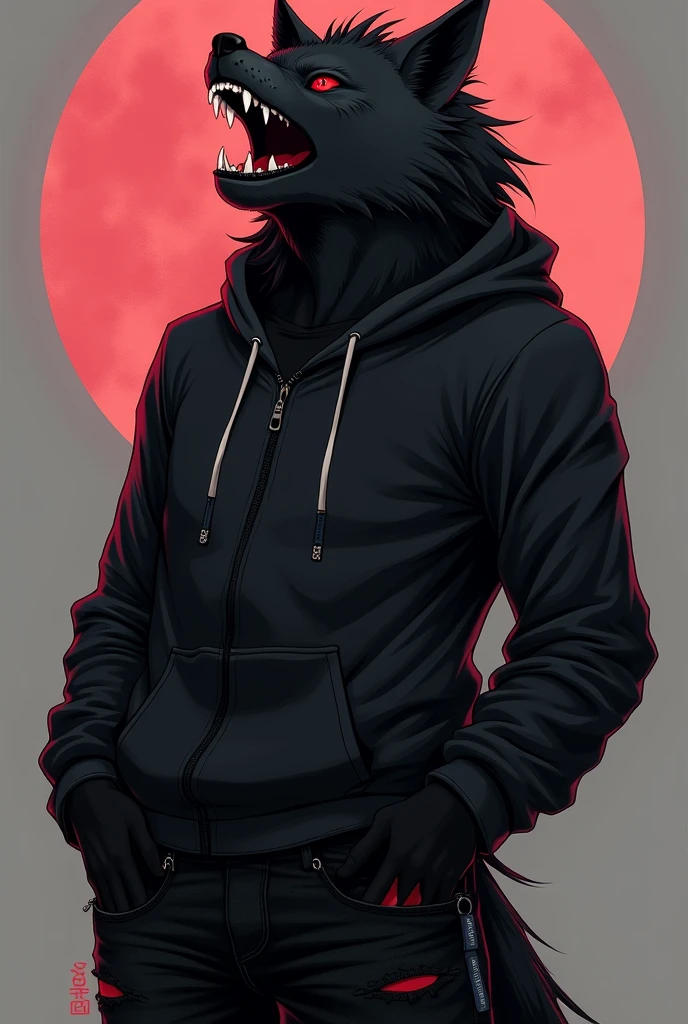 anthro, male, all Black wolf, black fur, red eyes, wearing black hoodie ripped black jeans doc martins anime style growling

 

