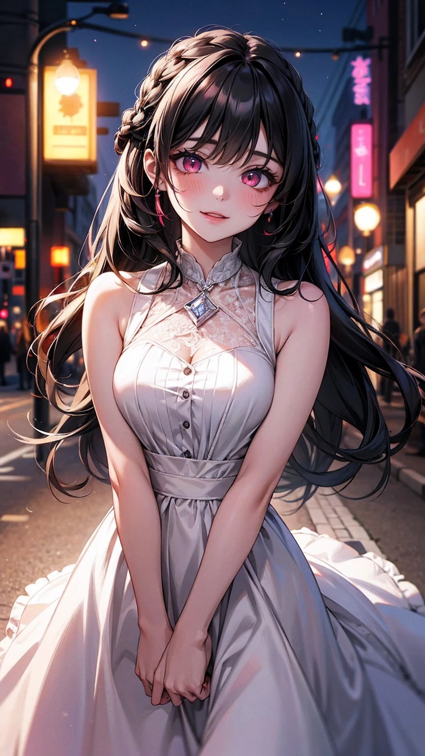 (best quality, Masterpiece), 1 girl, The sun shines, outside the building, black hair, Beautiful long hair, braid, pink eyes, cute, Bright face, Good mood, beautiful breasts, Beautiful date dress, shy, 1 woman, young girl, (Goosebumps:0.7), Beautiful face, (shyไลเนอร์, lipstick:0.9), nighttime, street lights, fall, 4K, 8K, UHD, HDR, detailed background, background