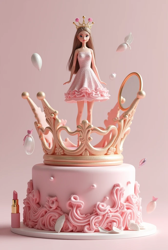 Create a cake image where cake's outline is crown and a A mirror, shopping bag, lipsticks beside doll standing on it.