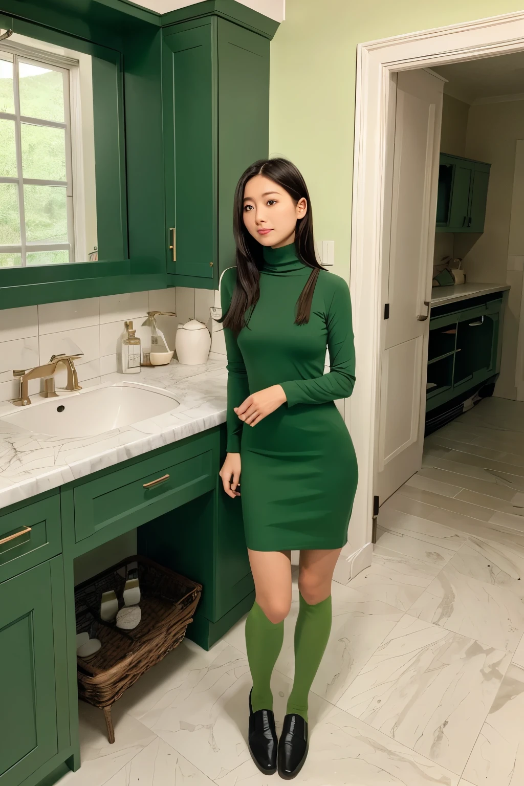 {{{long hair}}},{{{official style}}} {{{adult}}},green dress,one-piece dress,turtleneck,green mini skirt, {{{light green cropped mini jacket}}},green socks,loafers,wash basin,kitchen,stand in front of the sink、green turtleneck dress、back view leaning forward、put your face in the sink