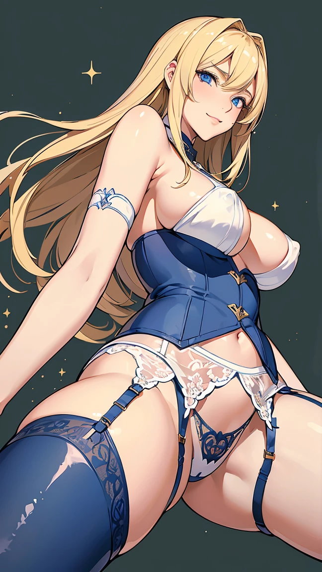 (masterpiece, Highest quality), Mature Woman,23 years old, gold Hair, long hair, tired hair,(Upper Body:1.3),(From below:1.5), (Sealed:1.4),Ass Focus,Open your mouth, Embarrassing ,blush,(Spread your legs:1.3),(Please stretch your legs and rest.....), Dutch Angle, Browsing Caution,Sensual, Long blonde hair, Thick thighs, 8k, 4K, Highest quality, (High resolution:1.6), Cute anime face, Noise Reduction,short hair,Flaxen Hair、 Spread your legs, (Sparkling Blue Eyes, A kind smile:1.3, Kind eyes:1.ung Face, Anime Eyes, Asheria、(SFW Giant:1.9)、Large areola, Puffy nipples:1.3、Long tights、Knee-high boots、(garter belt:1.5)、Beautiful Hands、Beautiful fingers,