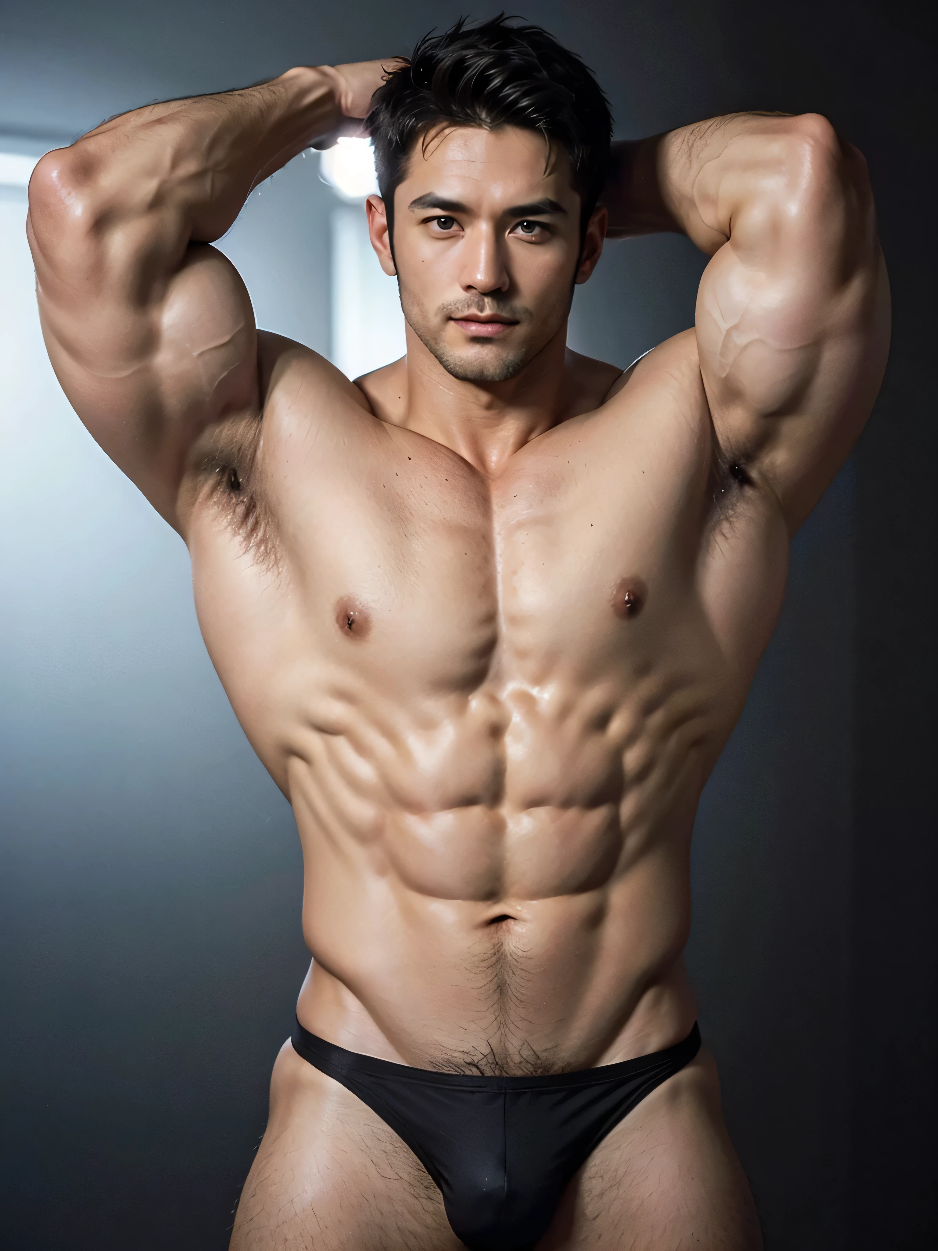 (((short hair)))，Short hair，one(((40 years old handsome muscular bodybuilder with stubble))), very handsome, Perfect facial features, No clothes, Armpit Hair, Pure black background, Fit body, Perfect composition,  beard,Bodybuilding Champion，No chest hair，Smooth pectoralis major，(((，Thong)))，, Provocative, natural color，muscular,, Ultra-high quality, XT3, Crystal clear, 8千 ultra high definition, High Detail, Ultra-realistic photos, (Realistic skin), ((pores)), ((High Detail skin)), Volumetric Light, groin, Far, Complex 3D Visualization, High Detail,Real human skin ((Correct body structure)), (((Correct anatomy))),(((Forced noise reduction)))
