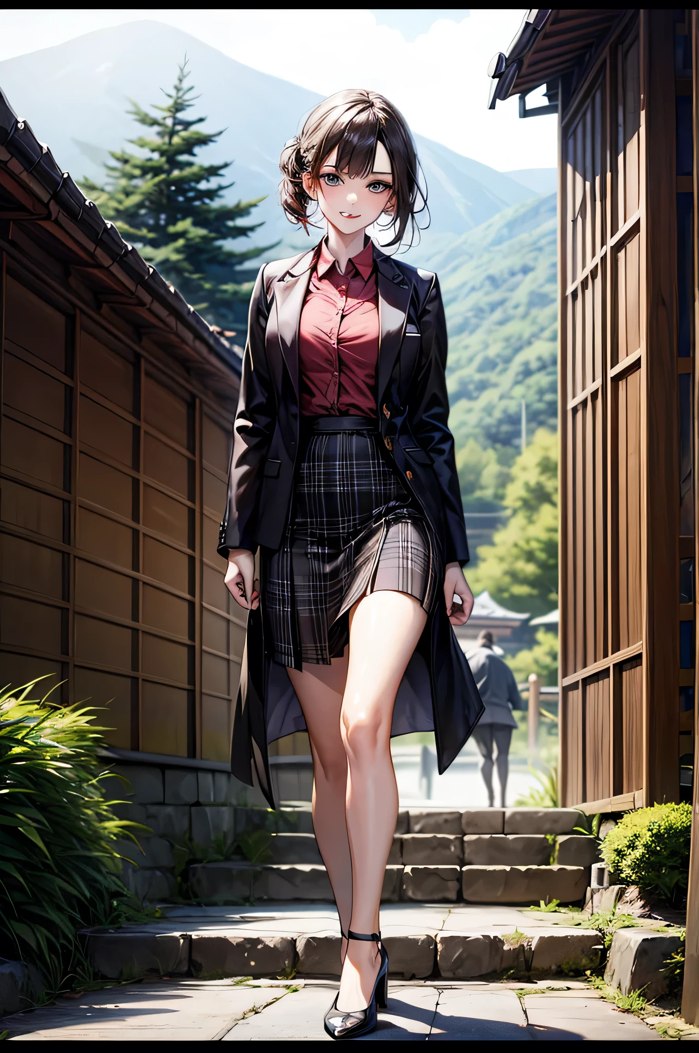 (Biologically correct limb count),Full body, including face,4K,Focus on the masterpiece face,Well-proportioned facial features,Delicate descriptive eyes,(One beautiful woman),(Red Shirt,Black jacket,black plaid skirt),(Grin),Photos with white borders,looking at the camera,Kiyomizu-dera Temple Walking,Walking down the stairs,((High heels))