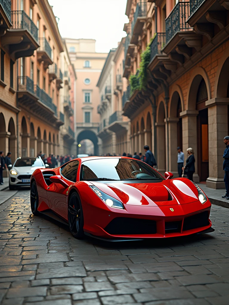 Ferrari in ancient develoed city street