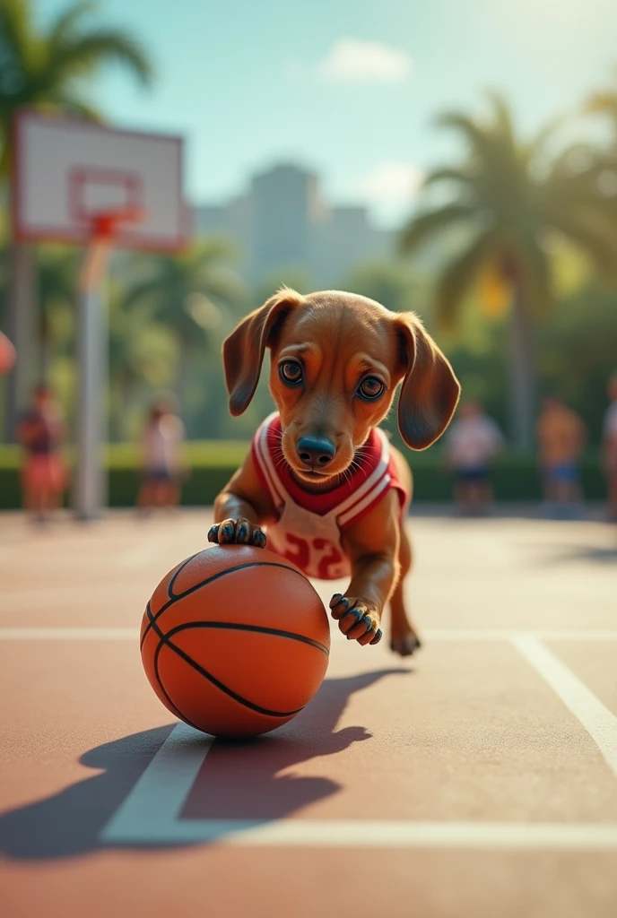 Dachshund playing basketball