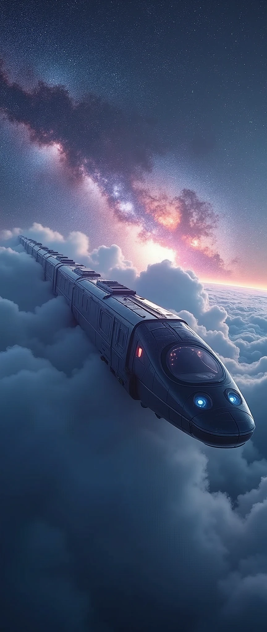 A train-shaped spaceship heads for the galaxy,Hope emerges from the clouds,A cool, sci-fi look,(SF的な流線形のbeautiful機体:2.0),(The background is outer space and the Milky Way:1.6),masterpiece,Highest quality,Ultra-high resolution,(Super detailed),8k,Realistic,Best aesthetics,beautiful,(dynamic,Great impact)