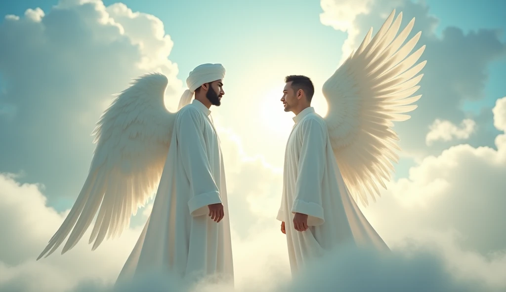 A 35-year-old man wearing a white turban and a long white robe stands on a cloud, engaging in conversation with an angel dressed entirely in white. The background features a vast, heavenly sky. The scene should be depicted with dramatic and cinematic lighting, capturing the ethereal and divine atmosphere. Ensure the image is highly detailed, hyper realistic, in 8k resolution, ultra sharp, and UHD quality to highlight the celestial and mystical elements.