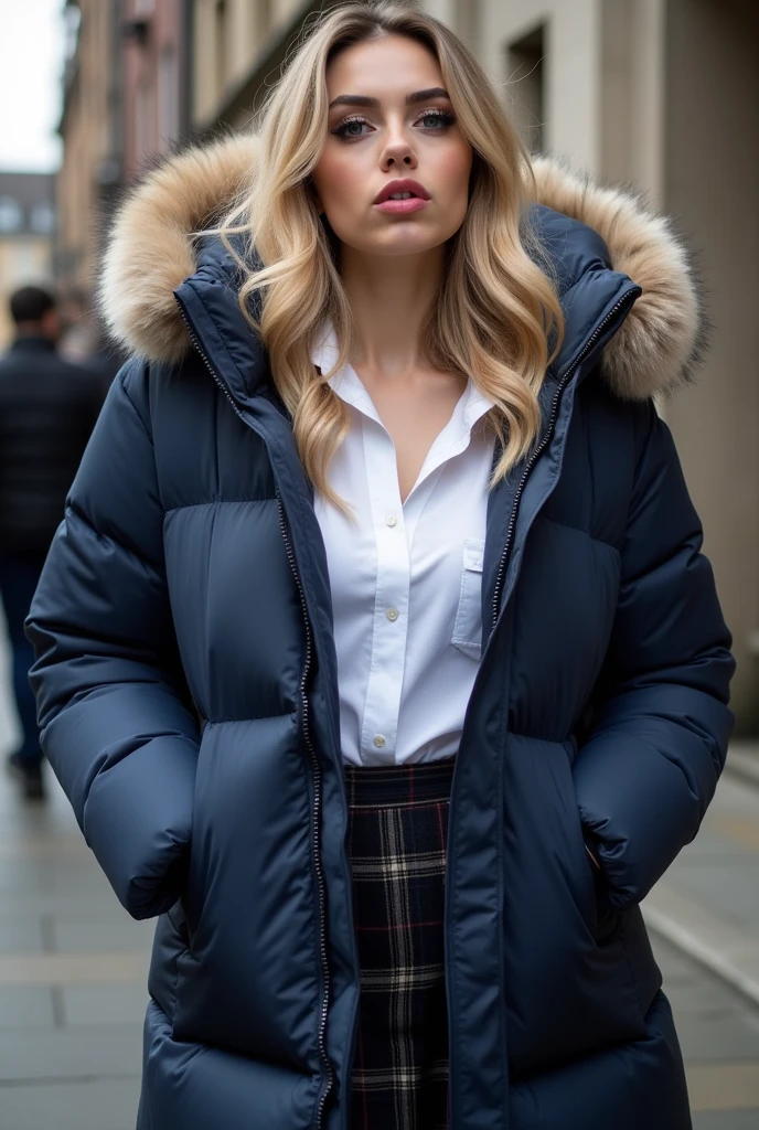 cute 16 year old English woman,wearing a very large navy blue tight shiny puffer coat, thick eyebrows, photorealistic, masterpiece, moncler, fluffy fur hood, , wavy hair, large breasts, open coat, school uniform, white blouse, pleated skirt, heavy makeup, lipstick, blonde hair, chavvy, chav, attitude, pouting