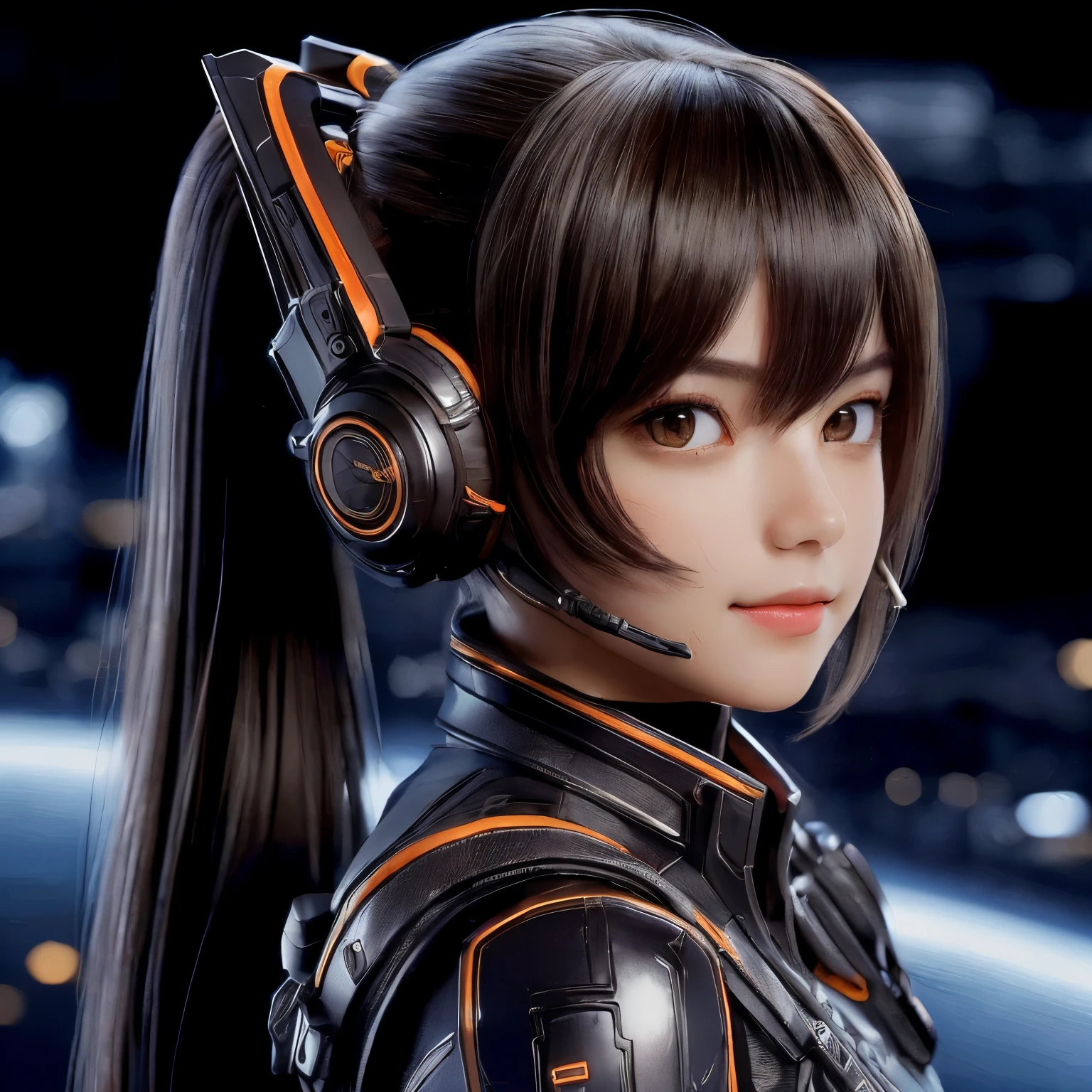 Top Quality, Masterpiece, Ultra High Resolution, (Photorealistic: 1.4), Raw Photo, 1 Girl, Black Hair, Glossy Skin, 1 Mechanical Girl, (((Ultra Realistic Details)), Portrait, Global Illumination, Shadows, Octane Rendering, 8K, Ultra Sharp, Intricate Ornaments Details, realistic skin, sweat effect, ((wearing Headphone)), very intricate detail, realistic light, CGSoation trend, brown eyes, glowing eyes, matte black and glossy orange mechanical bodysuit, Long hair, black hair, Ponytail hair, Half body shot, spaceship bridge background, dynamic pose, cute smile, close up, Open Mouth, facing audience