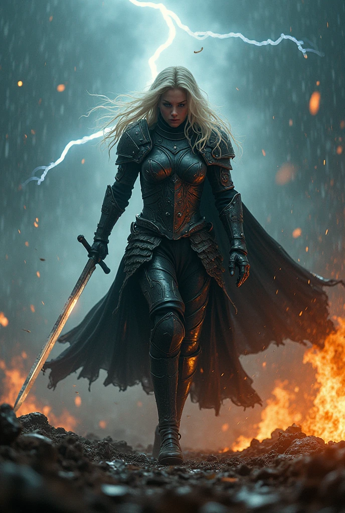 dark fantasy, chaotic atmosphere, the storm rages, with lightning crackling across the sky and thunder echoing through the battlefield, a Blonde warrior woman, Xeena, pale skin, full plate armor with intricate designs, sword held in one ha charges forward, fighting through the elements, the camera captures her dynamic movements in slow motion, with rain pouring down and lightning illuminating her every strike, the ground beneath her is a mixture of mud and fire, creating a volatile environment, the visuals are intense and fast-paced, showing her struggle against both the storm and unseen enemies, gradually leading to the climactic instrumental segment
