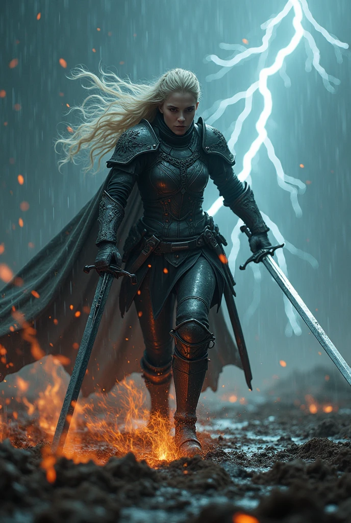 dark fantasy, chaotic atmosphere, the storm rages, with lightning crackling across the sky and thunder echoing through the battlefield, a Blonde warrior woman, Xeena, pale skin, full plate armor with intricate designs, sword held in one ha charges forward, fighting through the elements, the camera captures her dynamic movements in slow motion, with rain pouring down and lightning illuminating her every strike, the ground beneath her is a mixture of mud and fire, creating a volatile environment, the visuals are intense and fast-paced, showing her struggle against both the storm and unseen enemies, gradually leading to the climactic instrumental segment