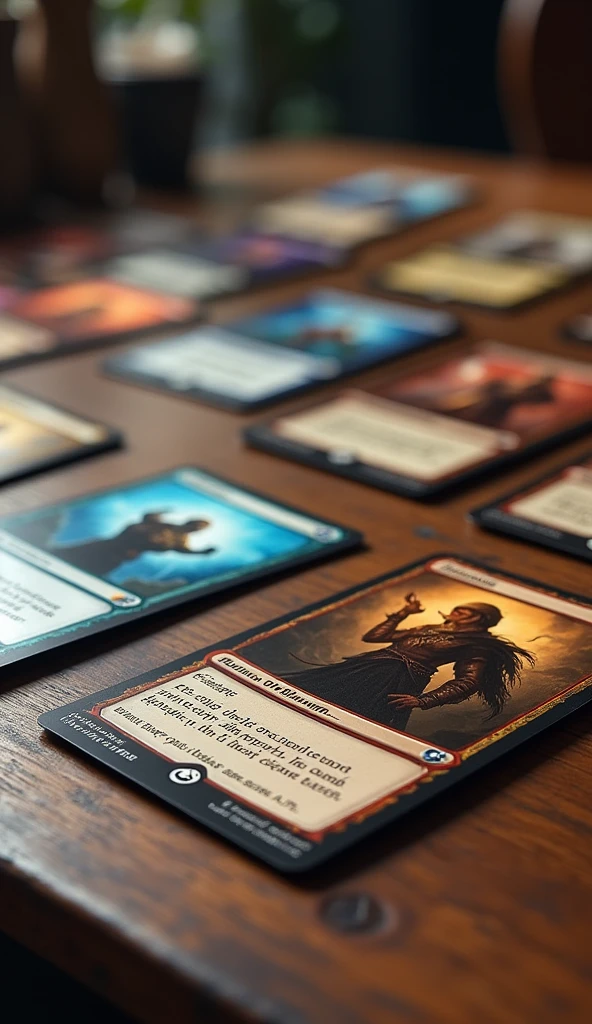 Magic the gathering card game, card game, detailed, pictures and description on cards, some cards on table