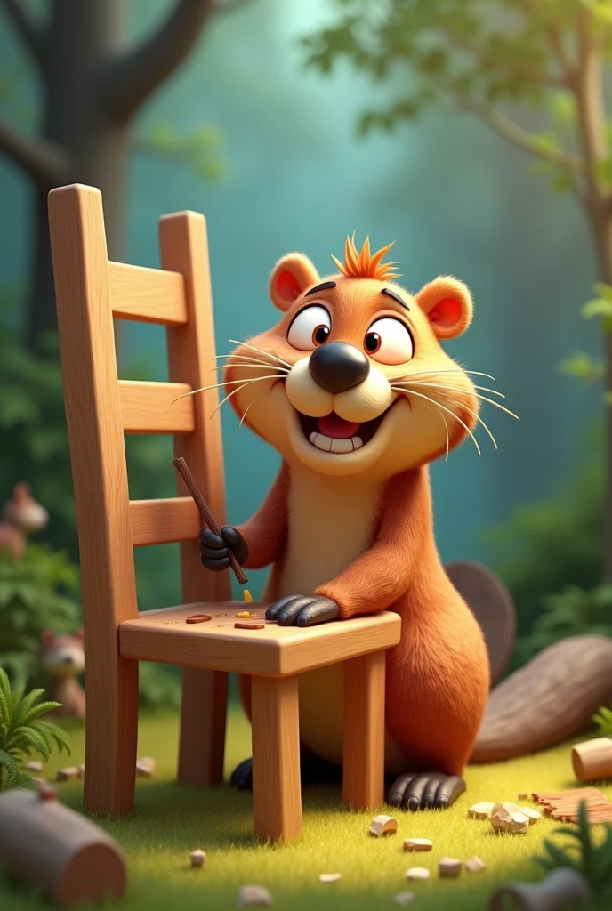 Funny cute female Beaver constructing wood chair cartoon 3d