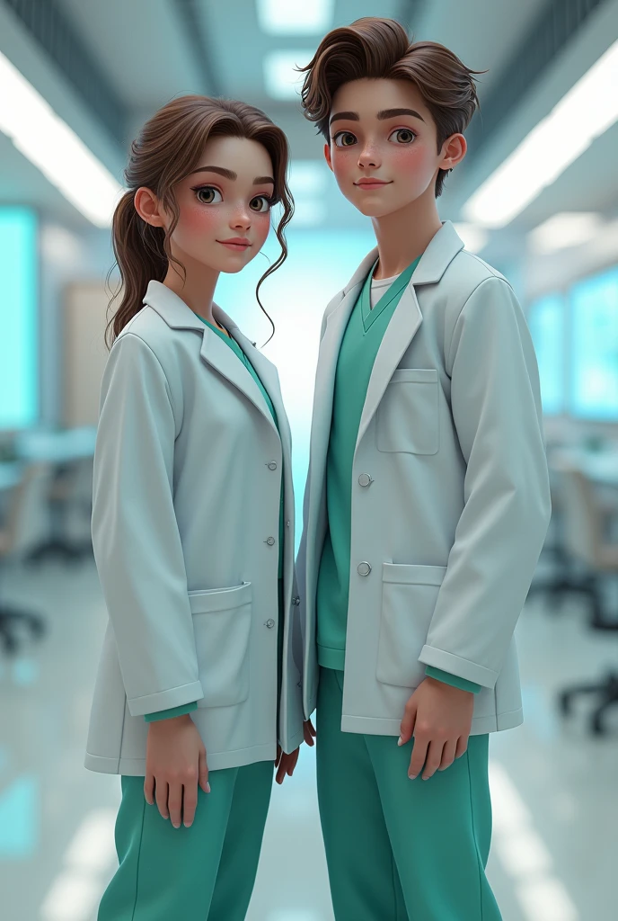 A girl and boy couple, girl wearing labcoat and boy in scrub
Both facing forward 
They should be 