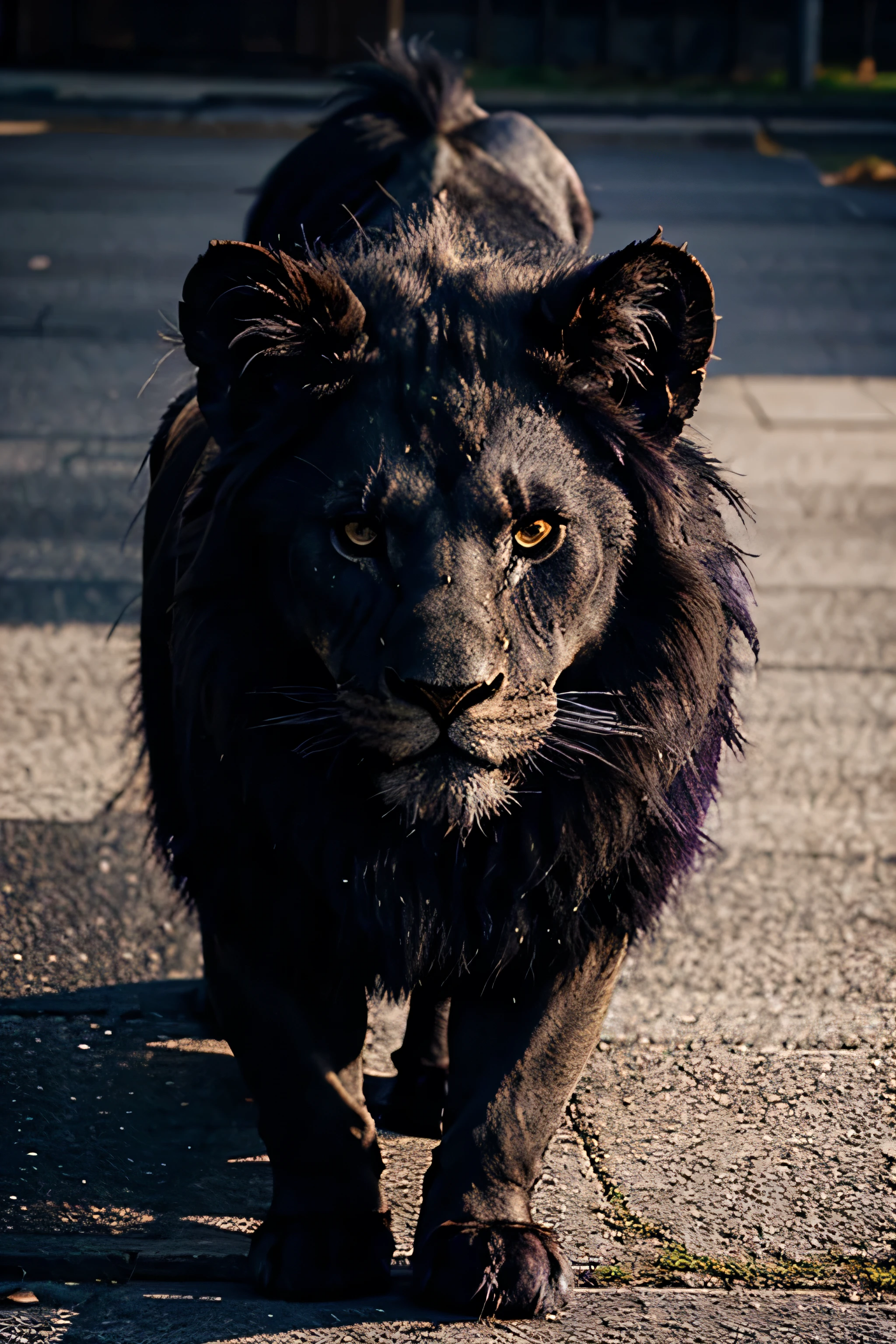 shadow lion, black fur, purple eyes, angry
