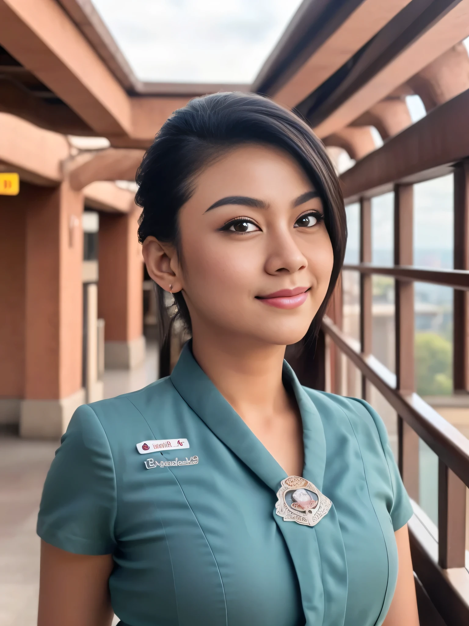 1girl, solo, 19 years old, (uniform), standing, in the middle of a large airport, seductive pose, thick medium breasts, fit body, smooth realistic skin, cute little smirk, looking at the audience, high angle shot, (overhead shot:1.2), (zoom-out:1.4), (8k, RAW photo, best quality, masterpiece: 1.4), (realistic, realistic: 1.37), ultra-high resolution, cowboy shot