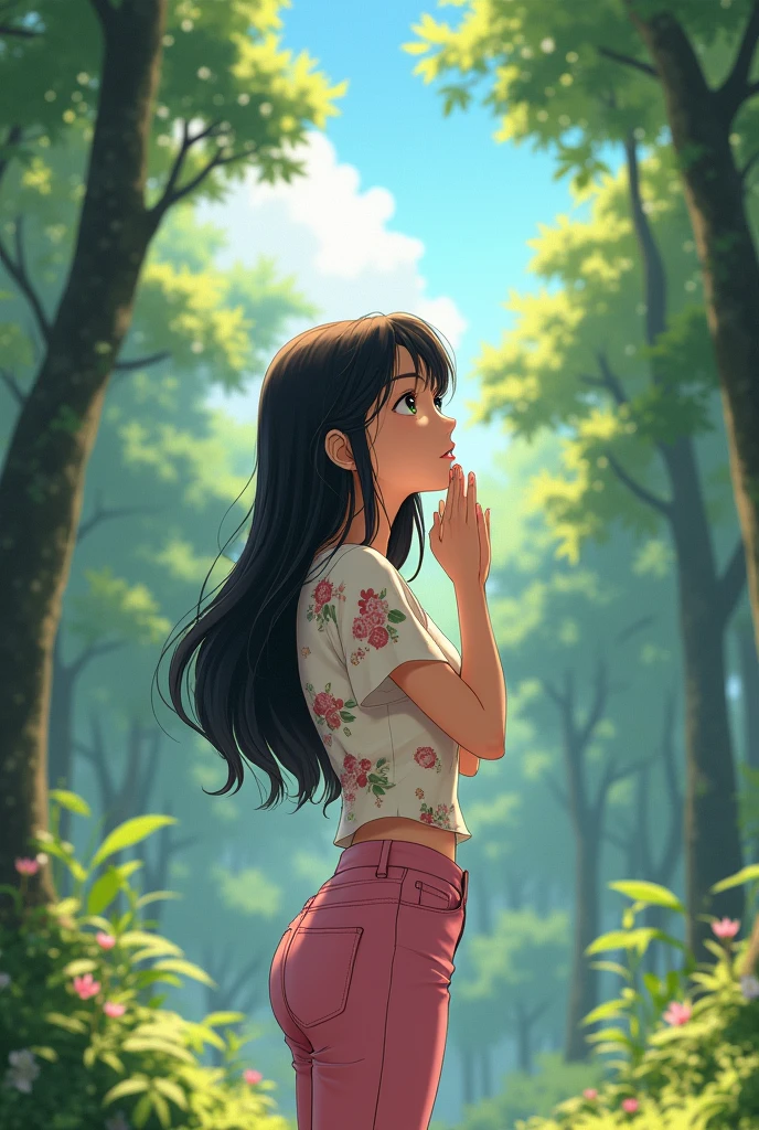 A 25-year-old girl,Wearing a white floral top,Black long hair,Place your hands on either side of your face,Pink pant,Shout to the sky,Back,Background with forest,Trees,Anime style,Pixar style
