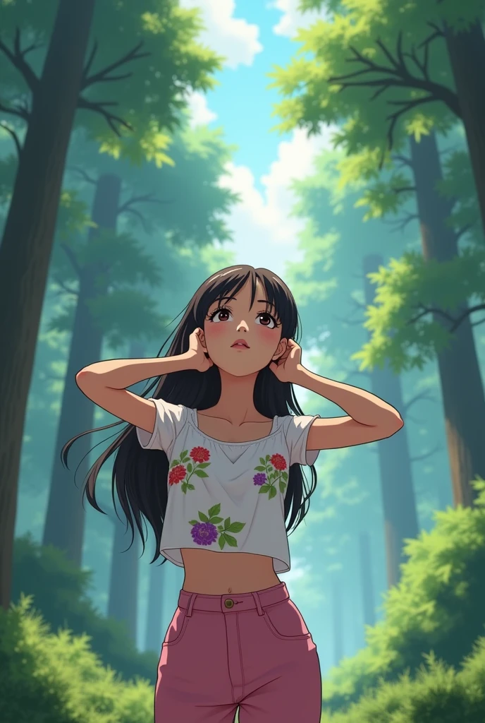 A 25-year-old girl,Wearing a white floral top,Black long hair,Place your hands on either side of your face,Pink pant,Shout to the sky,Back,Background with forest,Trees,Anime style,Pixar style