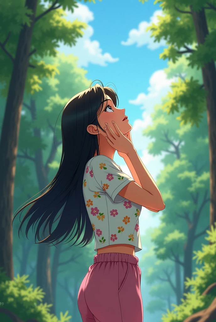 A 25-year-old girl,Wearing a white floral top,Black long hair,Place your hands on either side of your face,Pink pant,Shout to the sky,Back,Background with forest,Trees,Anime style,Pixar style