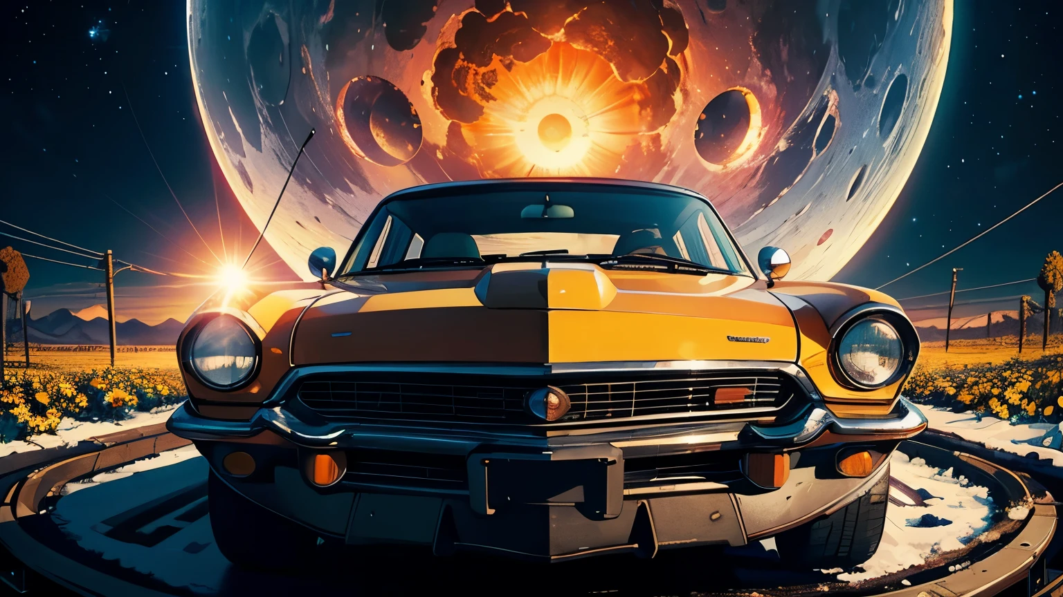 Fisheye, High Resolution, Masterpiece, 8k, Depth of Field, Close Up Detail, (Unattended), Outer Space, Movie Poster Style, (Many Wires), Big Moon, Sun, Retro Car, Snow, Wide Angle Lens, Many Flowers, Large Area, Solar Flare, Blizzard, Rotation, Mandala, Desert