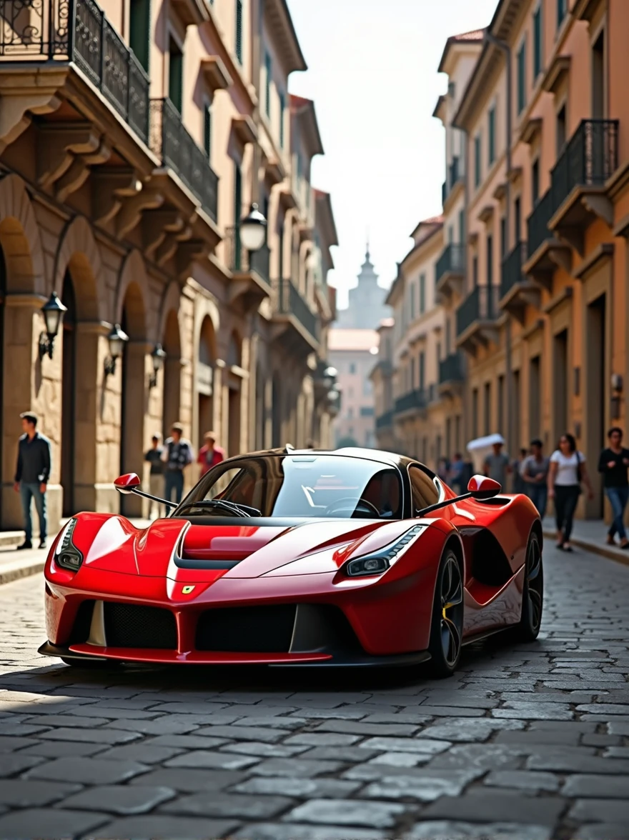 Ferrari in ancient develoed city street