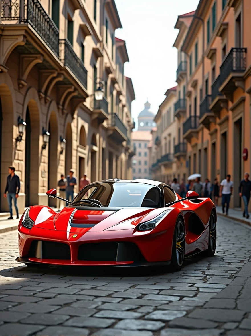 Ferrari in ancient develoed city street