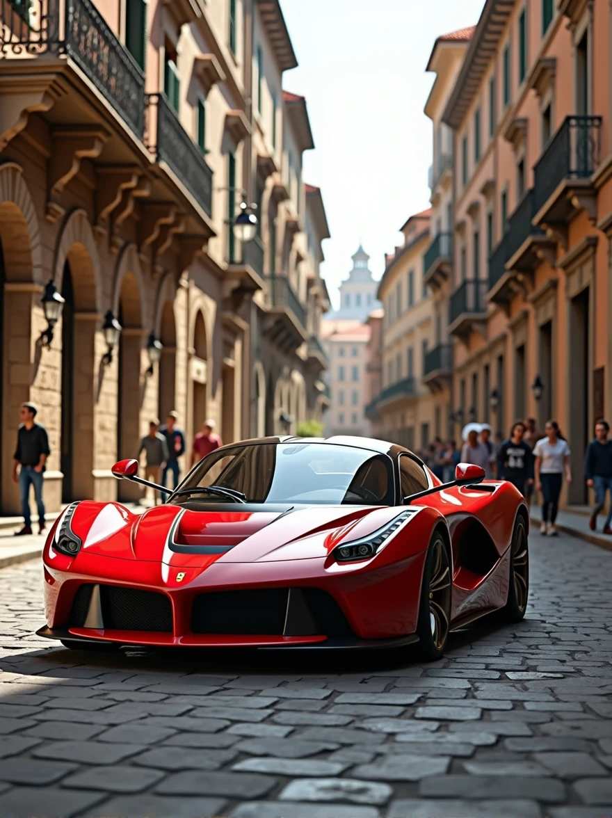 Ferrari in ancient develoed city street