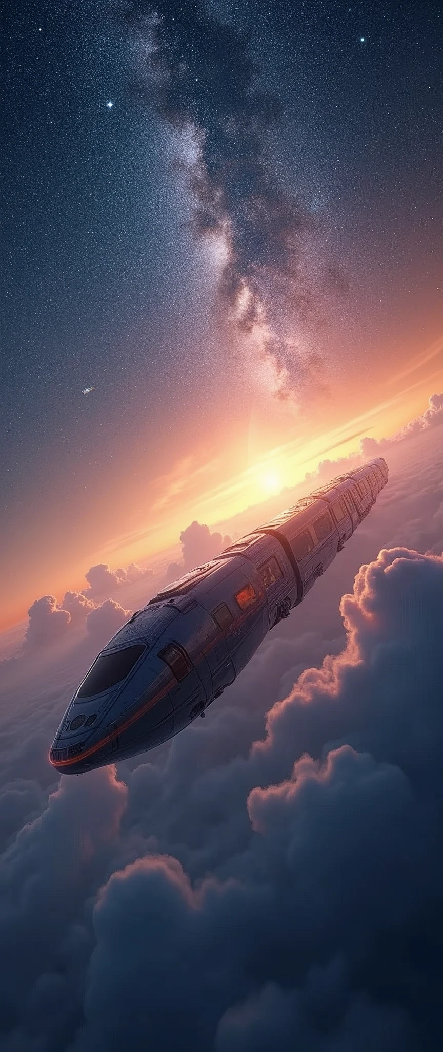 A train-shaped spaceship heads for the galaxy,Hope emerges from the clouds,A cool, sci-fi look,(SF的な流線形のbeautiful機体:2.0),(The background is outer space and the Milky Way:1.6),masterpiece,Highest quality,Ultra-high resolution,(Super detailed),8k,Realistic,Best aesthetics,beautiful,(dynamic,Great impact,From below)