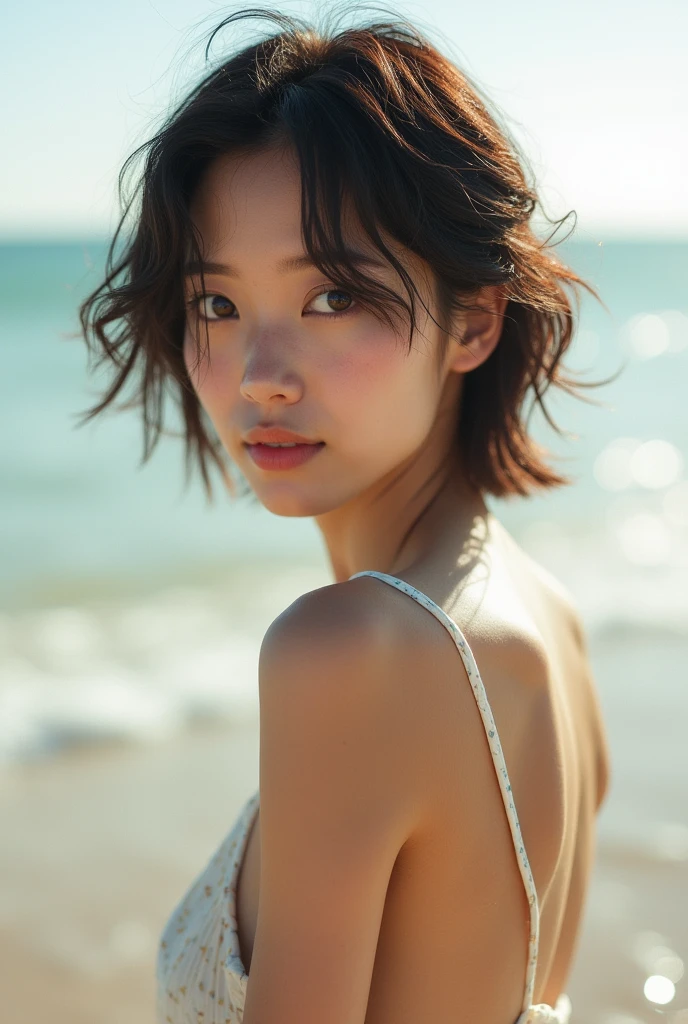 Highest quality, masterpiece, Ultra-high resolution, 25years old, japanese woman, cowboy shot, shiny Hair, Short Hair, Broun Hair, naked, Harf Smile, Sunlight, From Behind, Standing, At Beach,horison