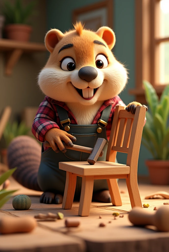cute female Beaver constructing wood chair cartoon 3d hammer saw
