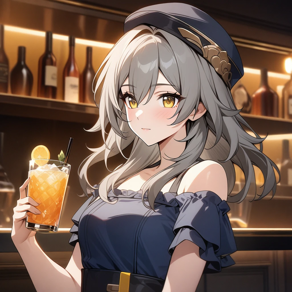 stelle from honkai star rail, stelle, stylish pose, holding drink glass, anatomically correct 1girl, grey hair, golden eyes, beautiful face, dark blue blue dress, frills, bar background, decorative, masterpiece, high quality, hd, 4k, upper body, genshin artstyle, hat