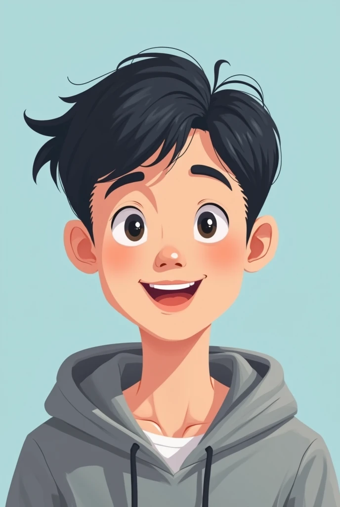 The image is a digital illustration of a young man's face. He has short black hair and is wearing a grey hoodie. His eyes are wide open and his mouth is slightly , as if he is smiling. The background is a light blue. The overall style of the illustration is simple and cartoon-like.