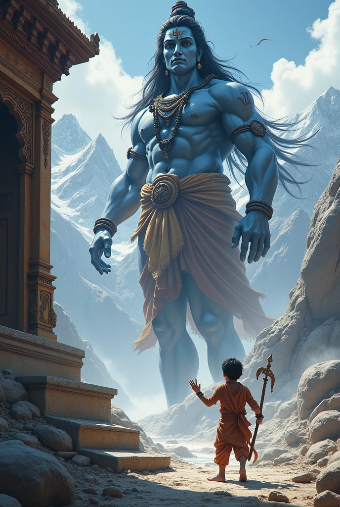 A small cute boy is stopping Lord Shiva from entering into a palace
The boy should hold a stick in one hand and other showing lard Shiva to not enter into the palace
It's a very old age story , the dress of the boy should be accordingly
The boy should be gaurding the palace
Background has to be Himalayas