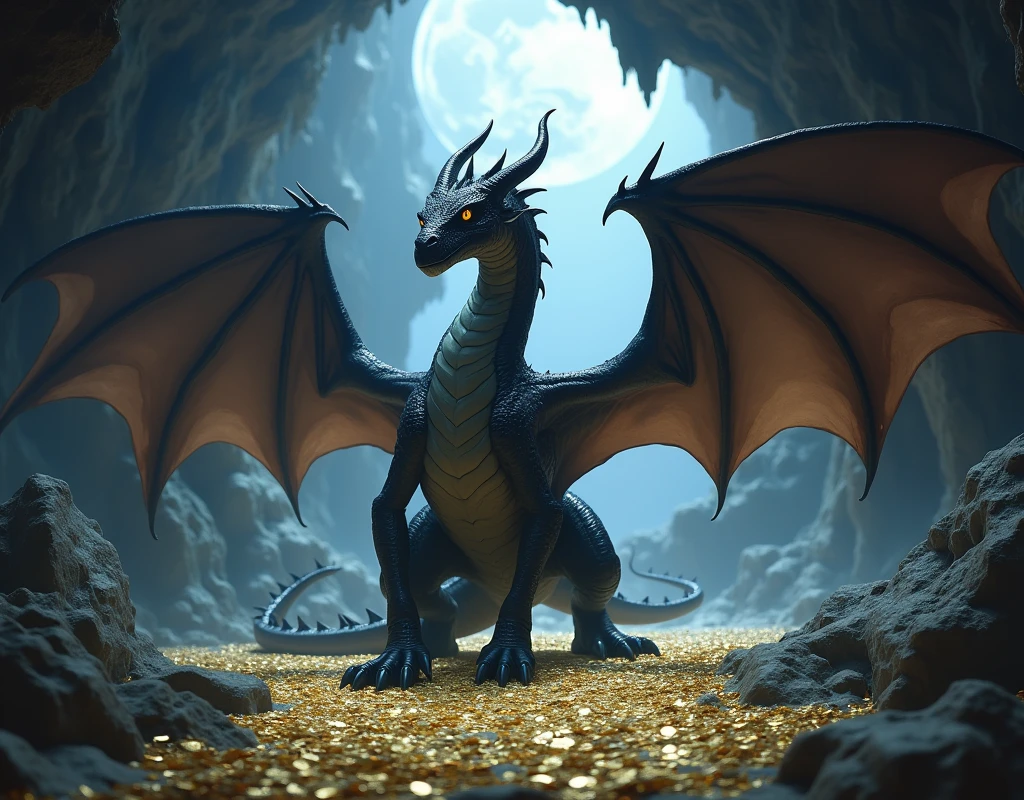 A black swamp dragon with 2 large wings stands on a bed of tiny golden coins in a cave illuminated by moon light, dynamic pose