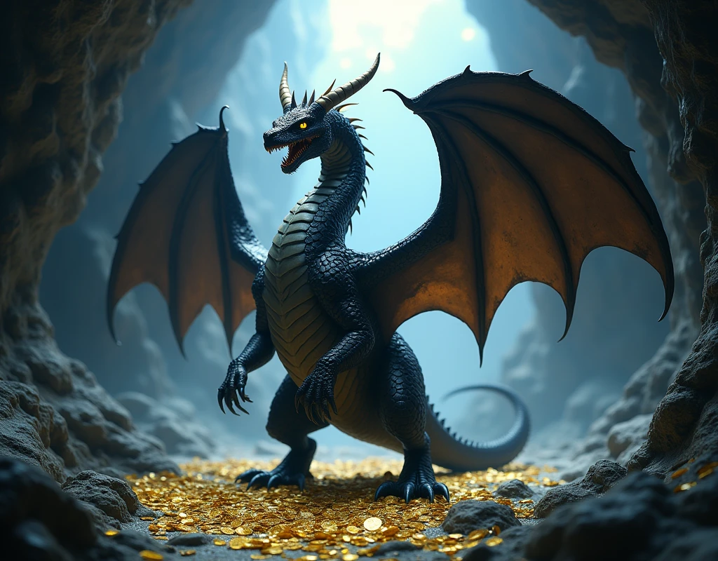 A black swamp dragon with 2 large wings stands on a bed of tiny golden coins in a cave illuminated by moon light, dynamic pose