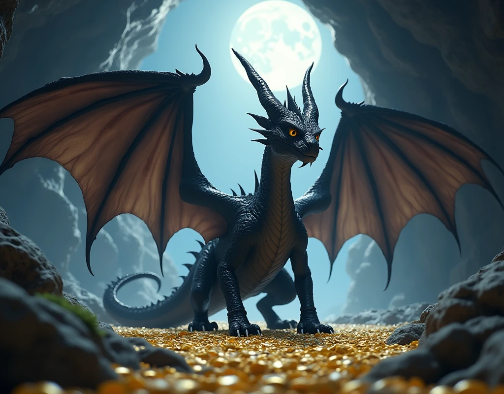 A black swamp dragon with 2 large wings stands on a bed of tiny golden coins in a cave illuminated by moon light, dynamic pose