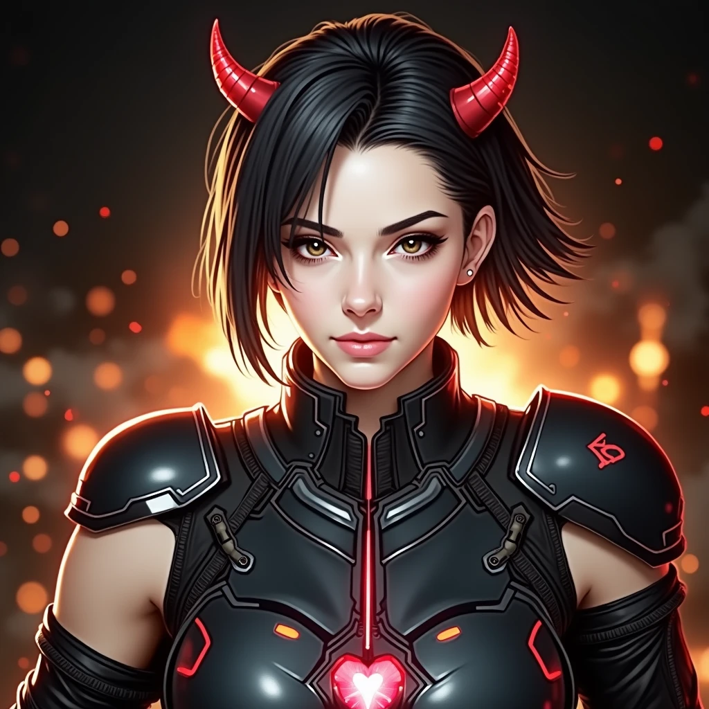 (Highest quality:1.2),(On the rubble of a collapsing city),(Perfect Beautiful Face 1.2, Cool look, Thick eyebrows, Strong-willed eyes, Invincible smile),(Perfect and beautiful posture:1.2),((Android female warrior)), (((muscle)), (Short black hair),Clear Eyes,((Burning heart logo, Red accent on black background:1.2, Cyber Suit, Horned Headgear, Shoulders are exposed))