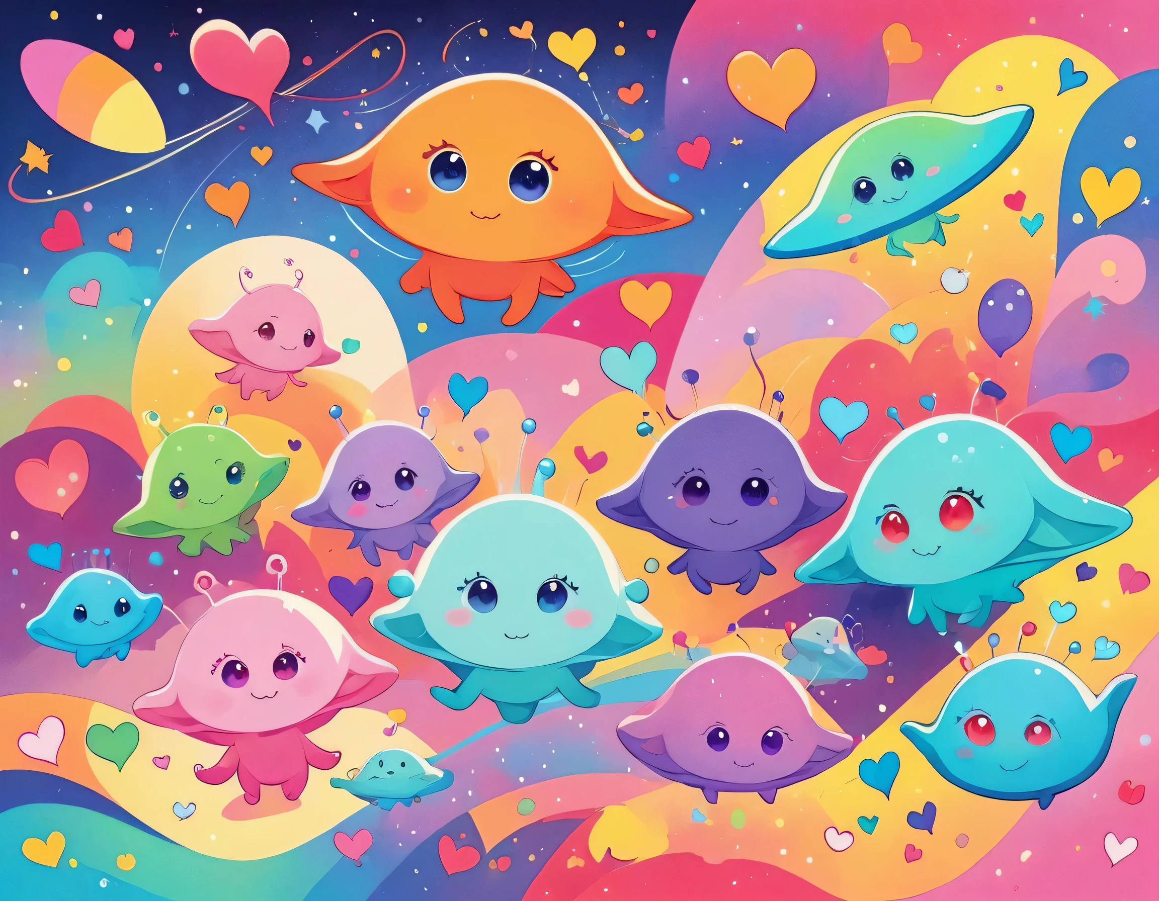 Seizo Watase colorfull style, Simple Line Initialism,Abstract art, girls, colorful hearts, funny design, (((Cute Aliens))), The background is space