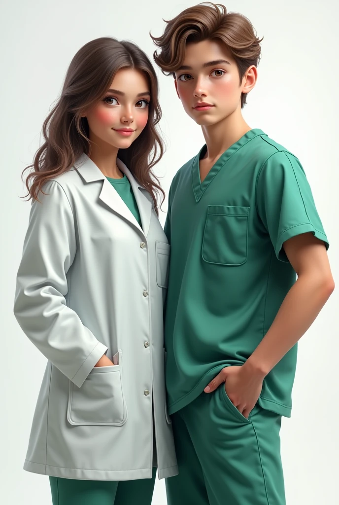 A girl and boy couple, girl wearing labcoat and boy in scrub
Both facing forward
They should be teenagers and should be realistic