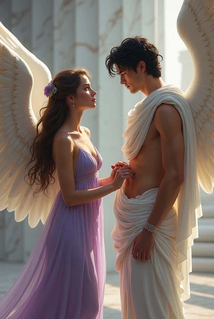 Beautiful woman with brown hair, dressed with a purple nightgown that looks like a greek dress, looking and taking the hands of a young man, with black hair and blue eyes dressed like a greek god and having a pair of white big wings